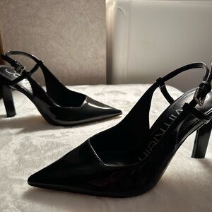 Calvin Klein, 3.3” patent leather heels; size 7
